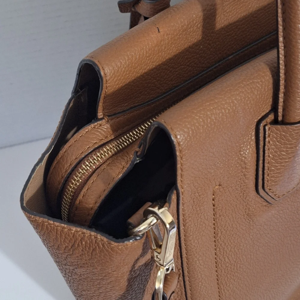 Michael Kors Mercer Brown Pebble Leather Tote Bag With Charm Large Crossbody GUC